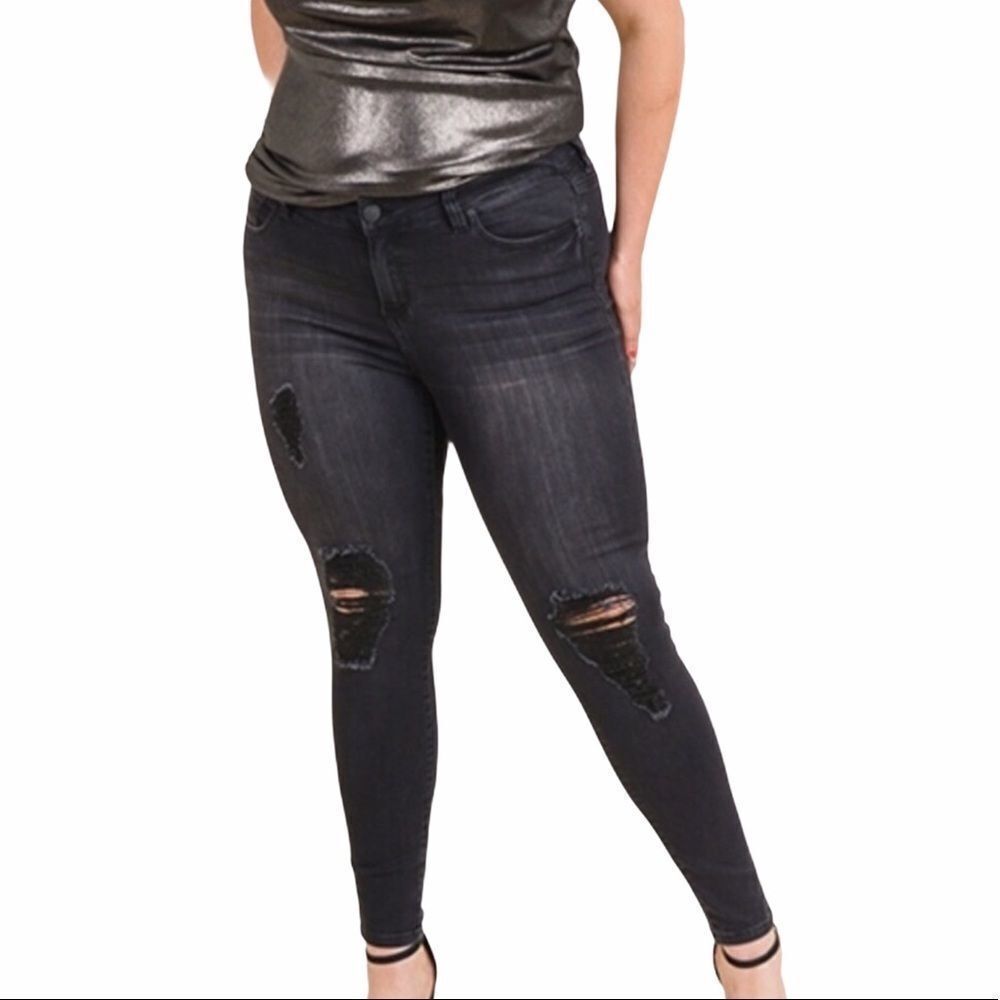 Plus Size Black Denim Mid Rise Distressed Skinny Jeans NEW